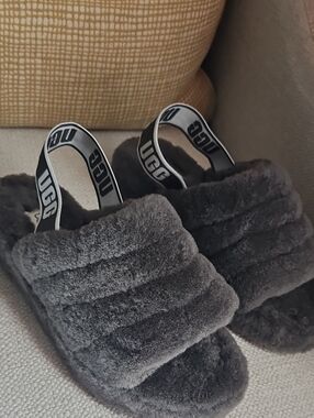 UGG Charcoal Plush Shearling Slide with Logo Heel Strap